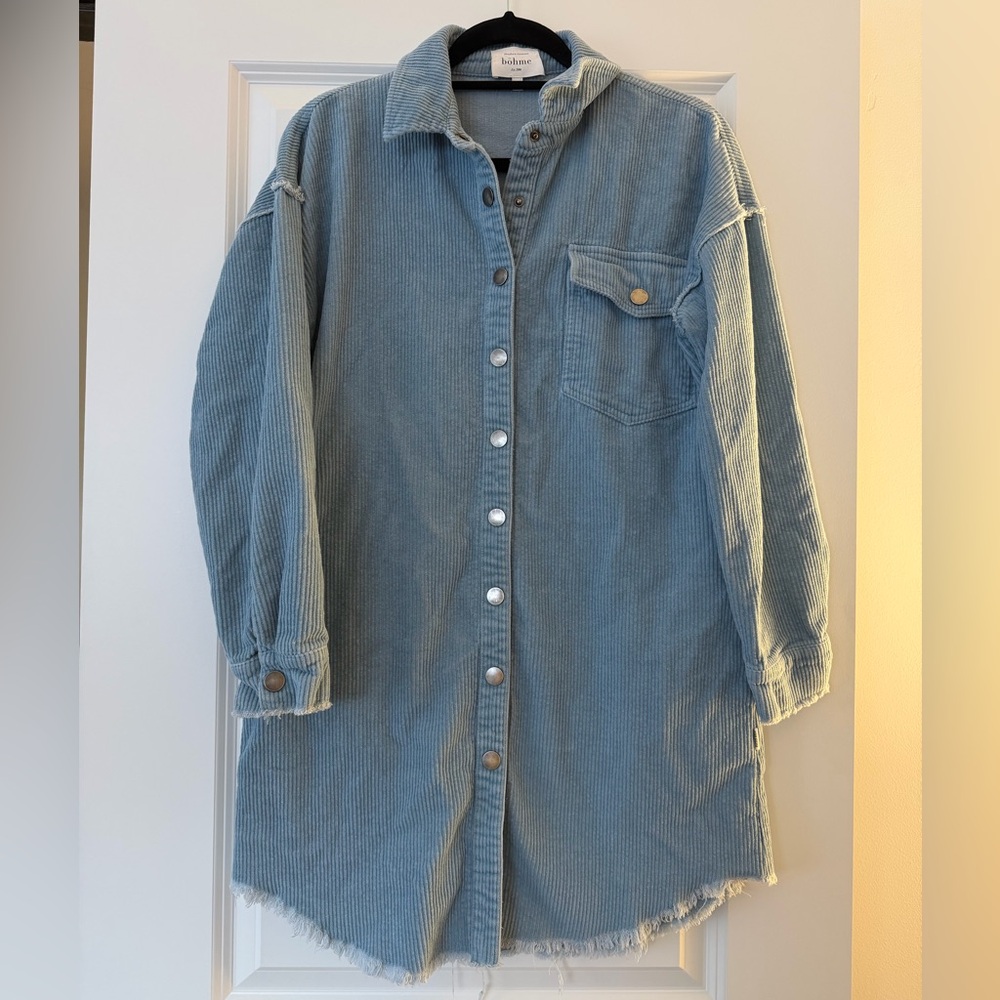 Blue Corduroy Long Button-Up Shirt